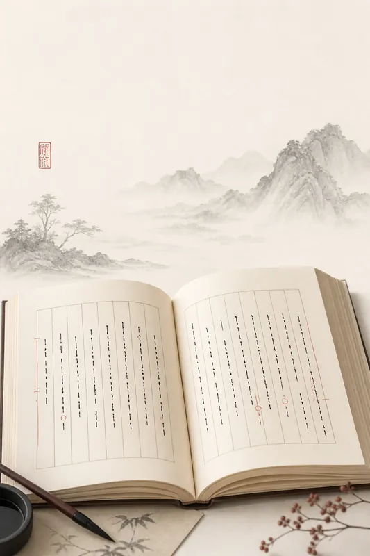 古文书卷与水墨山景