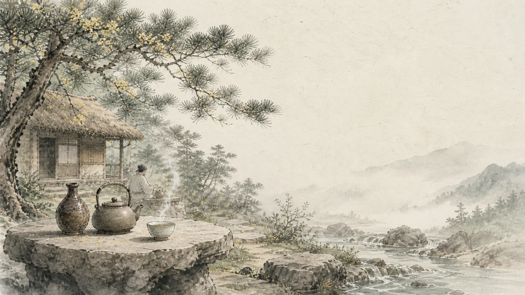 松花树下，山中人以春泉煎茶，石案上放着酒坛与茶盏